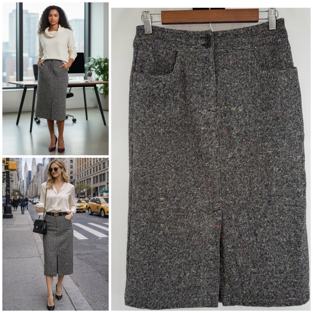 Talbots Wool/Laine Charcoal Tweed Midi Pencil Skirt Front Slit Women's Size 4